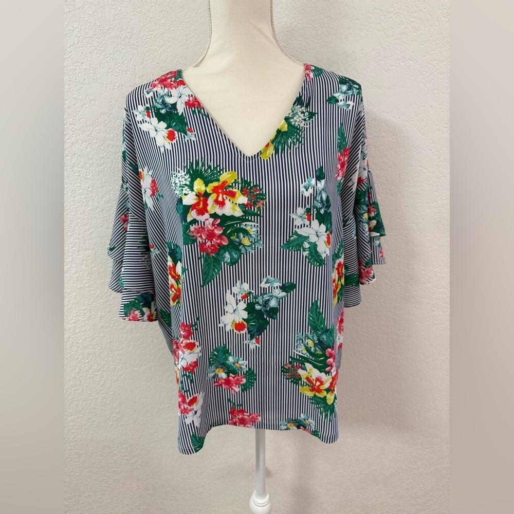 VERSONA Ruffle Sleeve Floral Striped Tunic Blouse Multicolor 100 % Polyester M